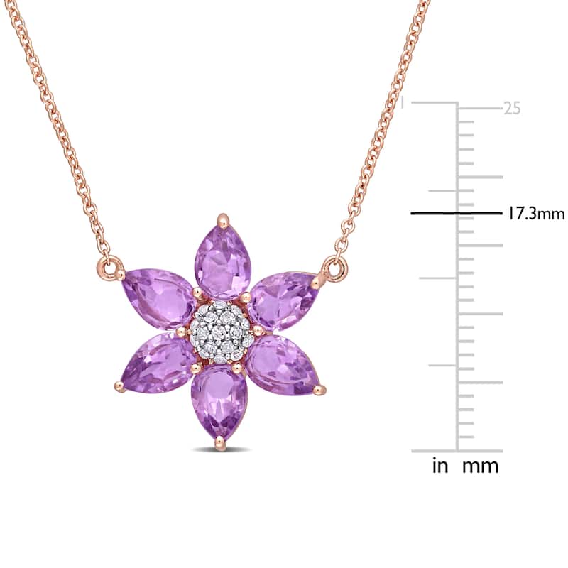 Miadora 10k Rose Gold Pear-cut Amethyst and 1/10ct TDW Diamond Clustered Floral Necklace