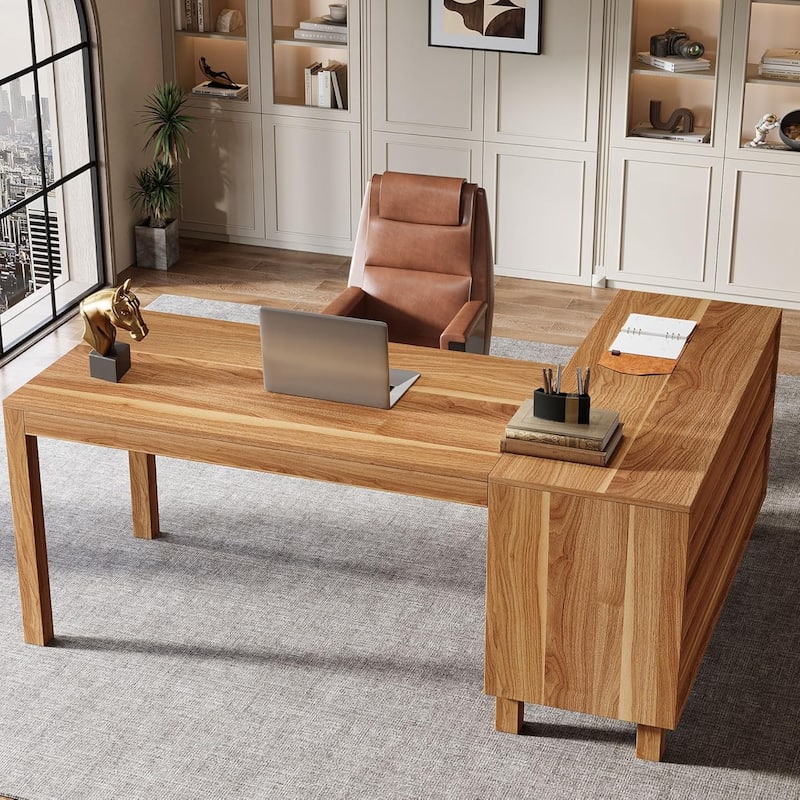 59 Inch L-Shaped Desk with File Cabinet and Storage Shelves, Corner Desk for Home Office