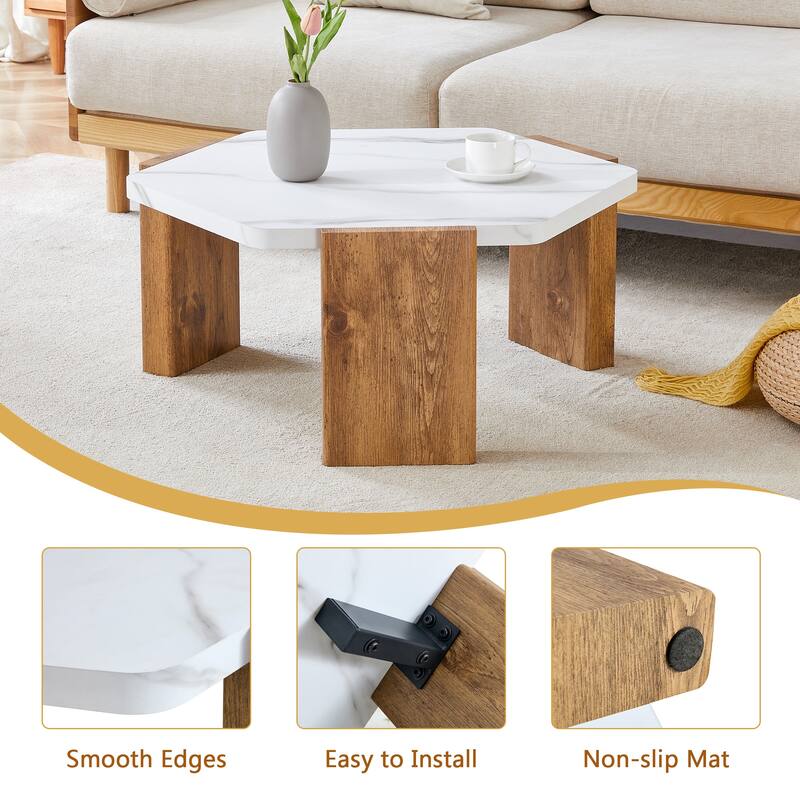 Faux Marble Top Hexagon Coffee Table Cocktail Table with Wooden Triangular Base