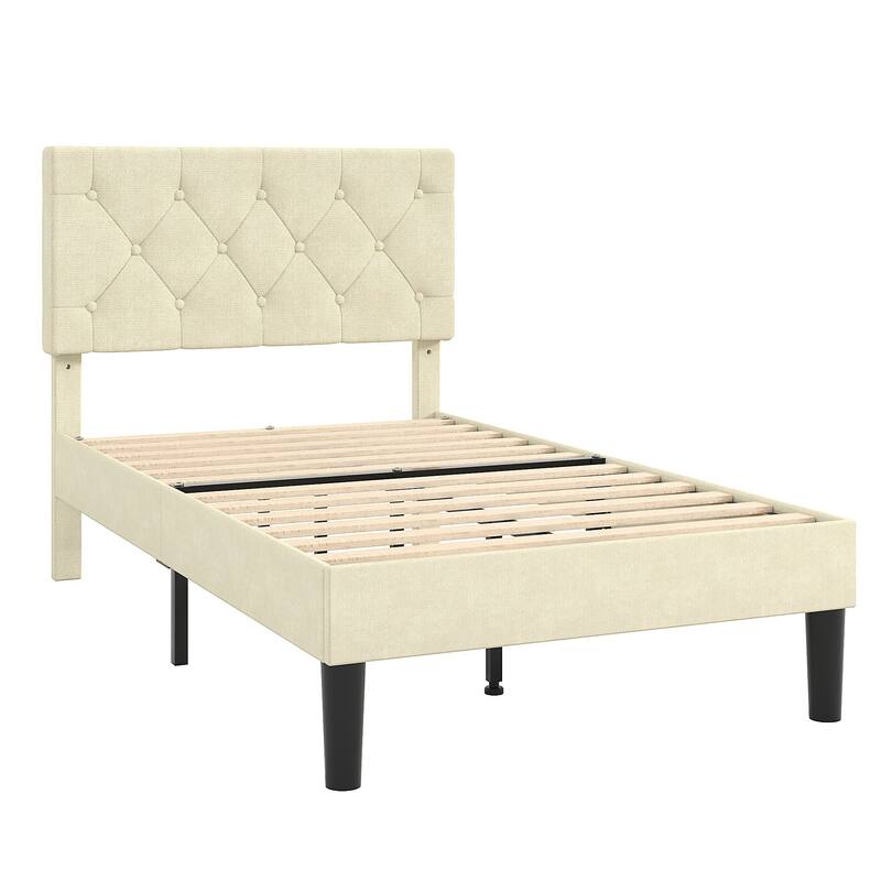 VECELO Tufted Upholstered Linen Bed Platform Bed Frame with Upholstered Headboard, Button Tufted Design