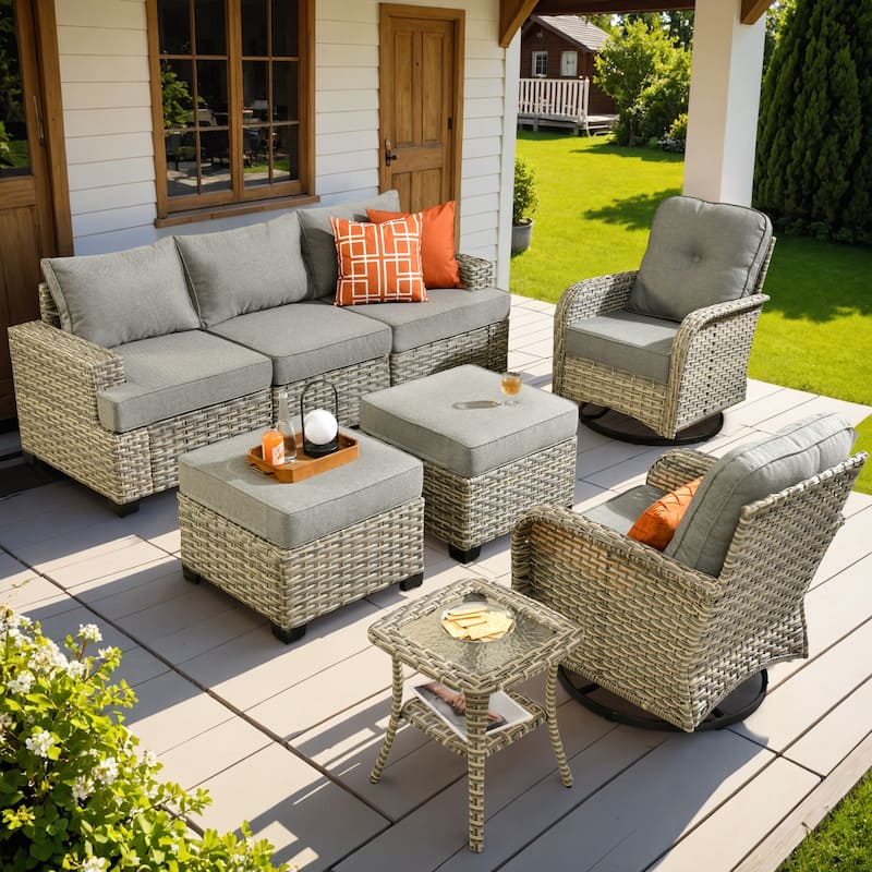 OVIOS 8 Pieces Wide Arm T shaped Seat Curved Swivel Chair Set With Ottoman - DarkGrey