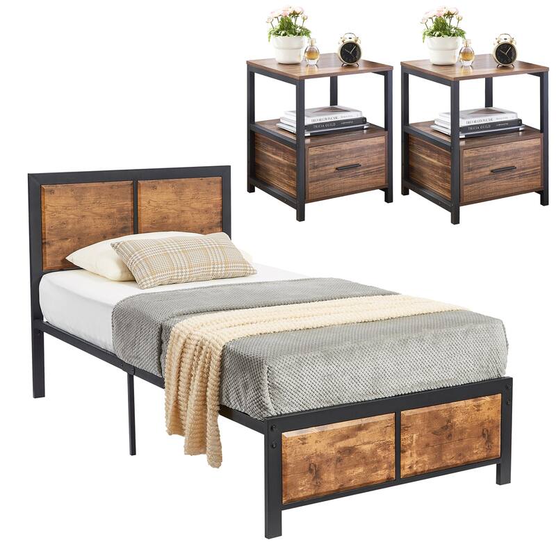 Bedroom Set of 3 Wood Headboard Platform Bed Frame Set of 2 Nightstands with Charging Station USB Port