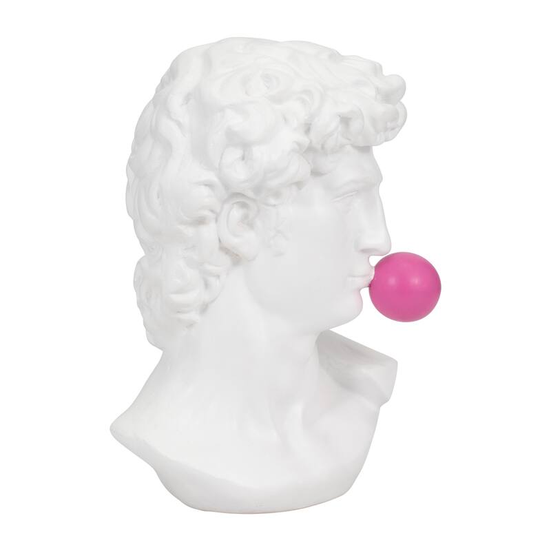 Sculptural Resin Greek God Head Statue with Gum - 13", White & Pink - 12.5"