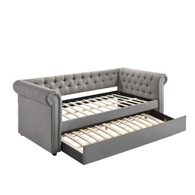 Ellen Trundle Daybed, Gray Fabric Upholstery, Rolled Arms, Nailhead Trim