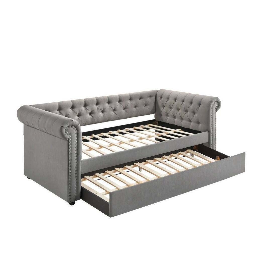 Ellen Trundle Daybed, Gray Fabric Upholstery, Rolled Arms, Nailhead Trim