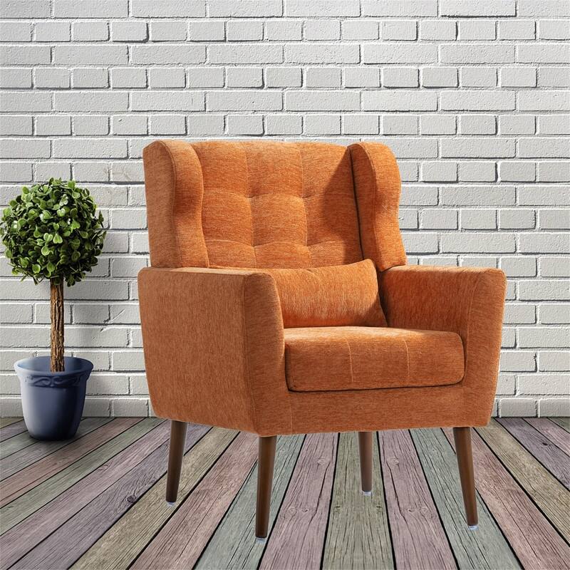 Modern Chenille Upholstered Armchair with Pillow and Solid Wood Leg - Orange
