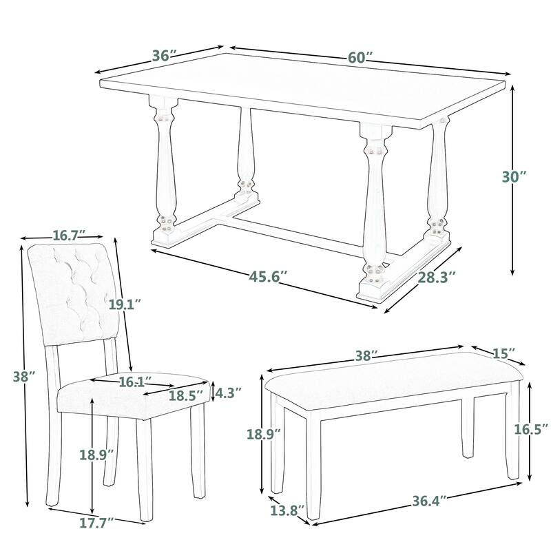 6 Piece Dining Table Set, Wooden Kitchen Table and Chairs Set with Rectangular Table, 4 Upholstered Chairs and Bench