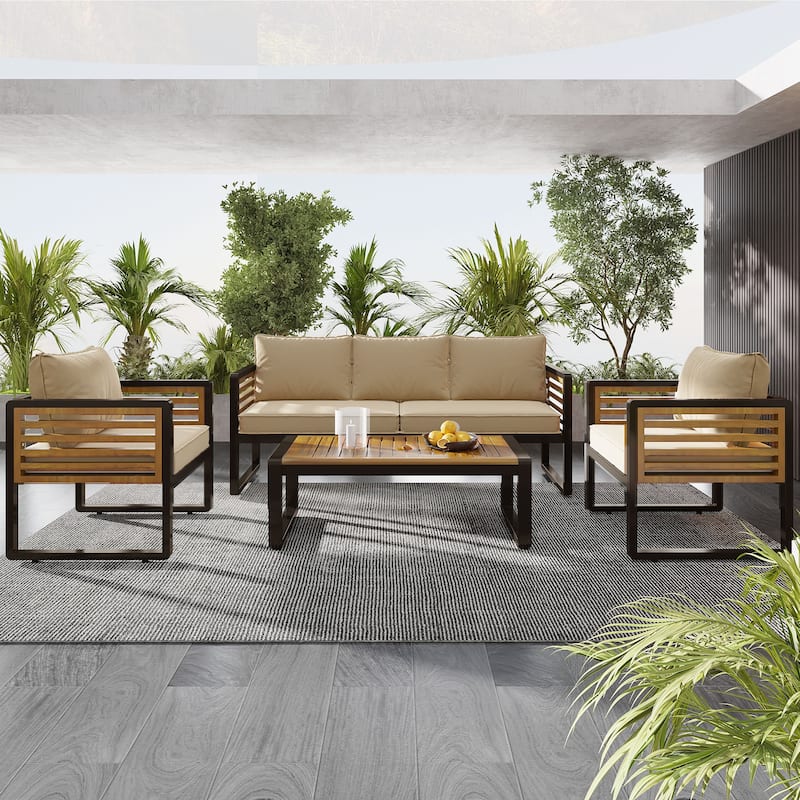 5-Person Outdoor Conversation Set with Removable Cushions and Stylish Metal Frame and Acacia Wood