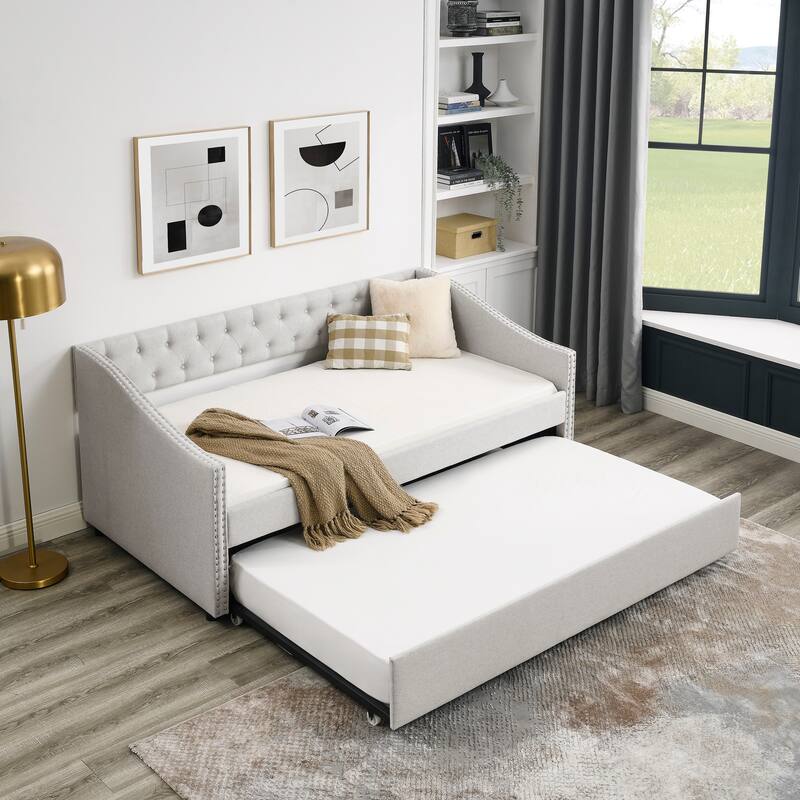 Roomfitters Twin/Full Upholstered Daybed with Twin Trundle, Tufted Backrest and Nailhead Trim, Elegant Waved Arms