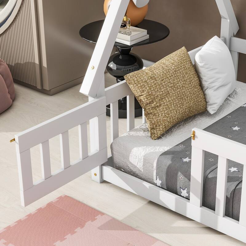 GDFStudio - Jackson American-Style Pine Twin Tent Bed with Teepee Design and Guardrail
