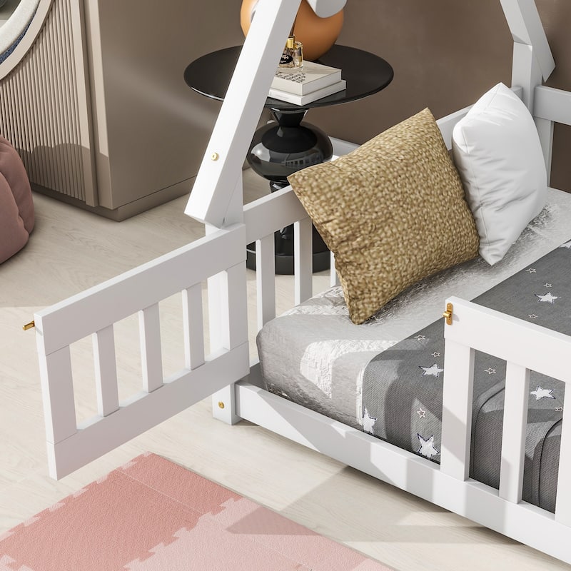 Kids Teepee Bed with Guardrails, Twin/Full Size Floor Bed