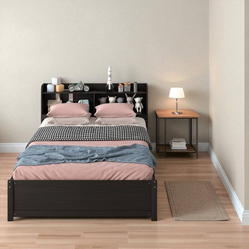 Twin/Full Bed Frame with Pull-Out Trundle and Bookcase Headboard, No Box Spring Needed