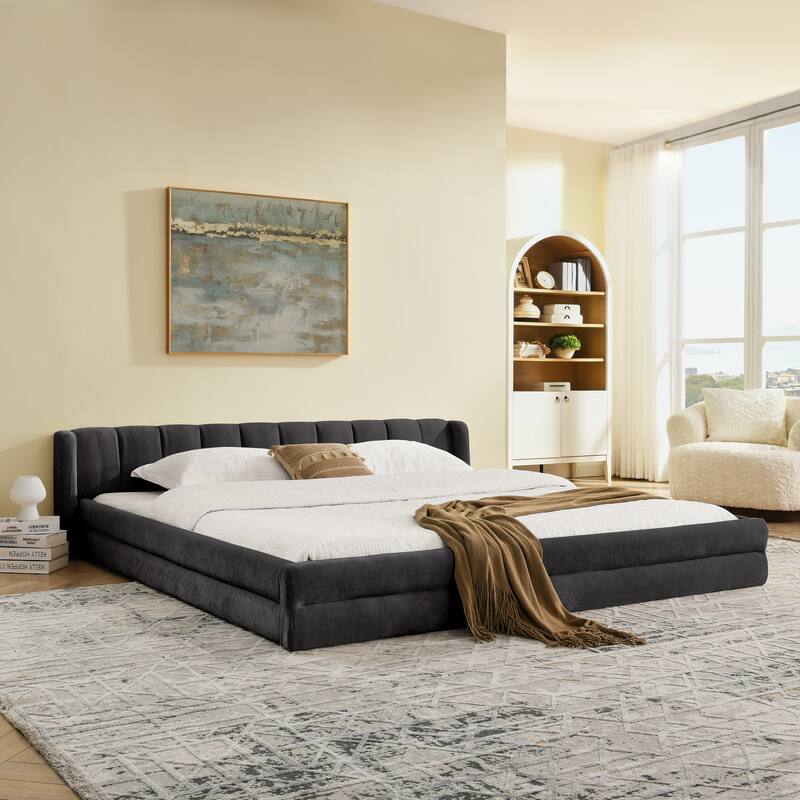 Chenille Fabric Upholstered Low Profile Platform Bed, Thick Fabric Frame Grounded Bed, Low Wingback Floor Bed