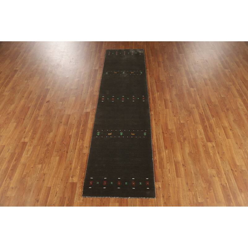Little Animals Green Gabbeh Indian Runner Rug Hand-Knotted Wool Carpet - 2'4" x 9'2"