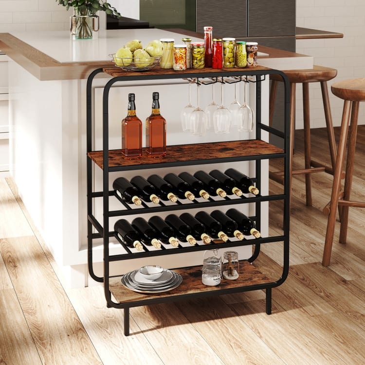 5-Tier Rustic Wine Rack with Glass Holder Holds 16 Bottles & 12 Stemware Glasses - 36" x 14" x 46"