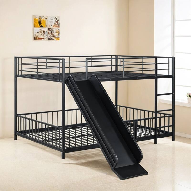 Full over Full Size Metal Bunk Bed with Slide and Guardrails