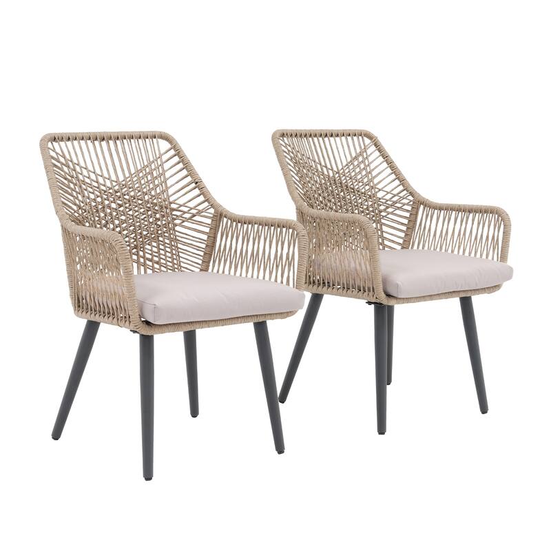 Outdoor Patio Woven Rope Dining Chairs With Armrest and Seat Cushions