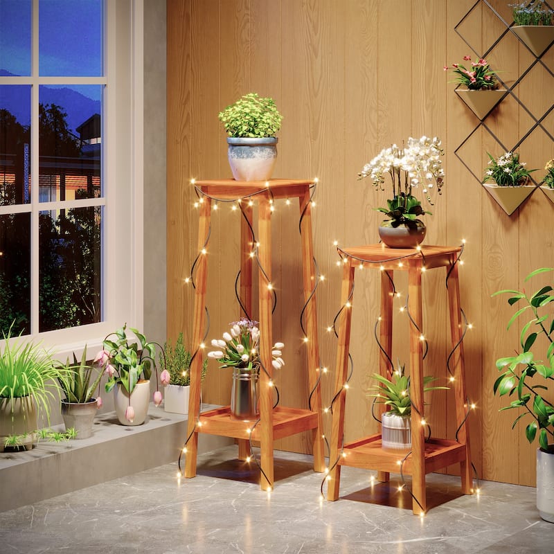 Solid Wood Plant Stand Indoor Set of 2