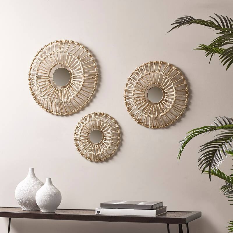 GDF Studio - Ella Round Natural Fiber and Mirror 3-Piece Wall Decor Set