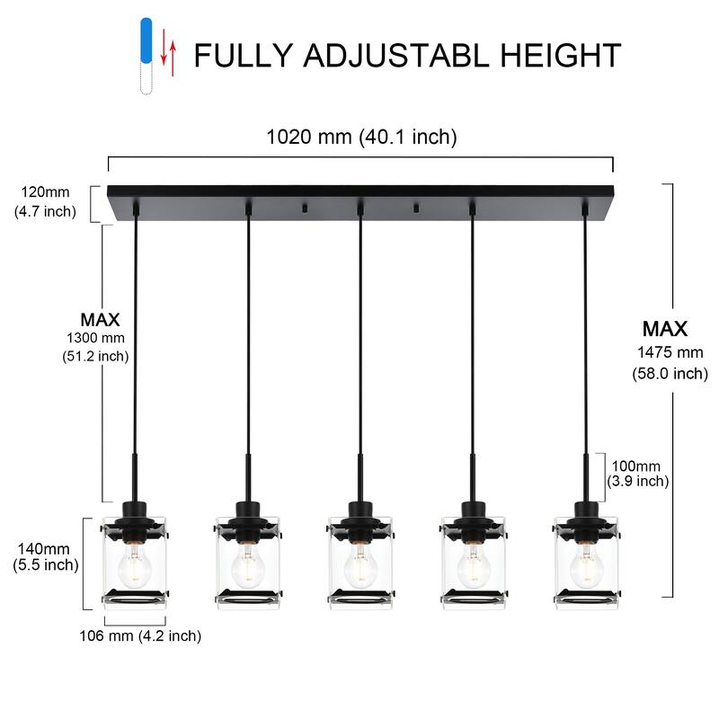 Modern Metal Chandeliers with Clear Square Glass - Black