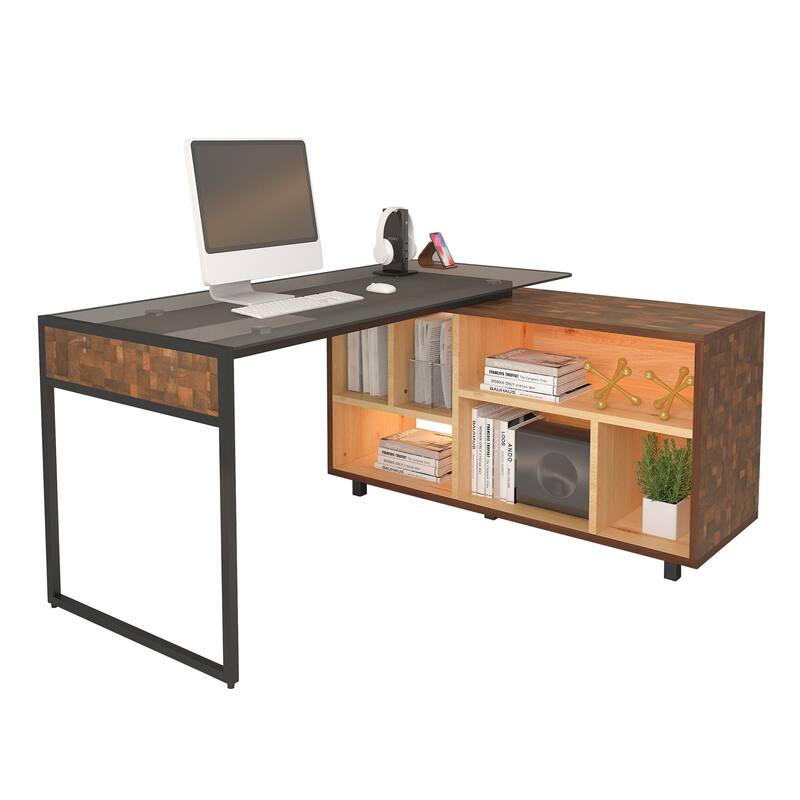 Multifunctional Design Computer Desks, L-Shape Corner Desk with Multiple Storage, Oak