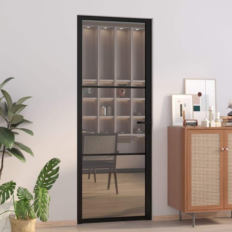 vidaXL Glass Door Interior Door with Alloy Handle ESG Glass and Aluminum Black - 29.9"x79.3" x 1.4" - Black and dark transparent 1