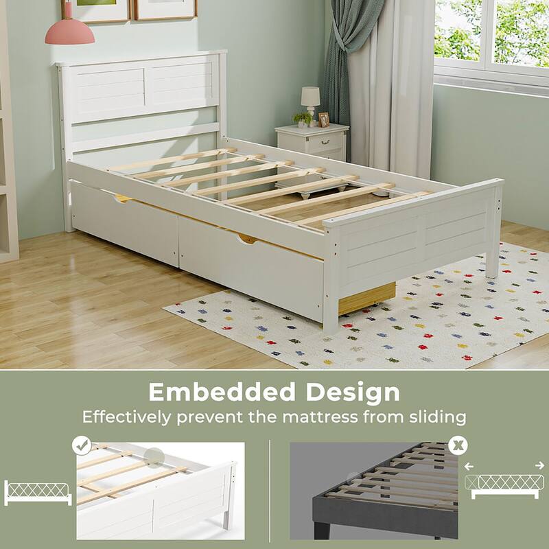Gymax Twin/Full Size Wooden Bed Frame w/ 2 Storage Drawers & Under-bed