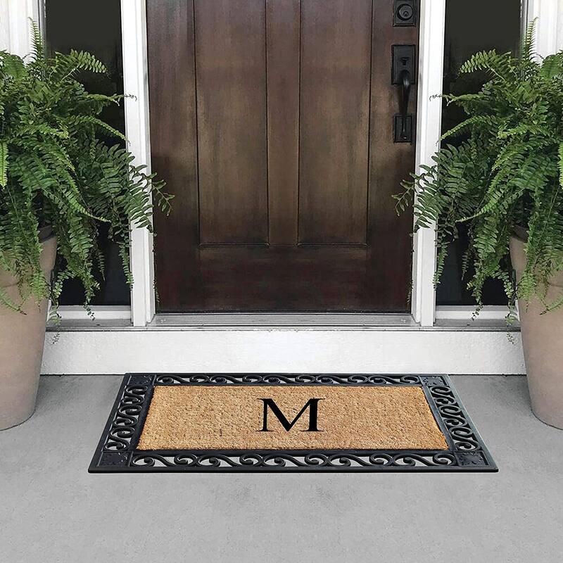 A1HC Rubber and Coir Maple Leaf, Heavy Weight Durable Monogrammed Doormat, 23"X38" Black