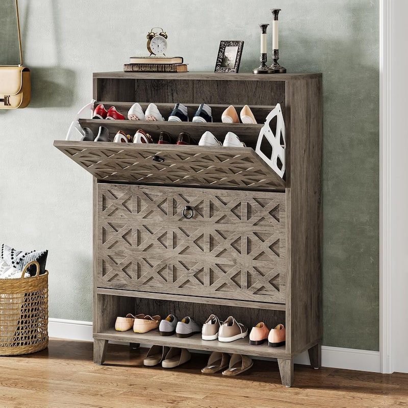 Narrow Hidden Shoe Storage Cabinet with 2 Flip Drawers - Grey