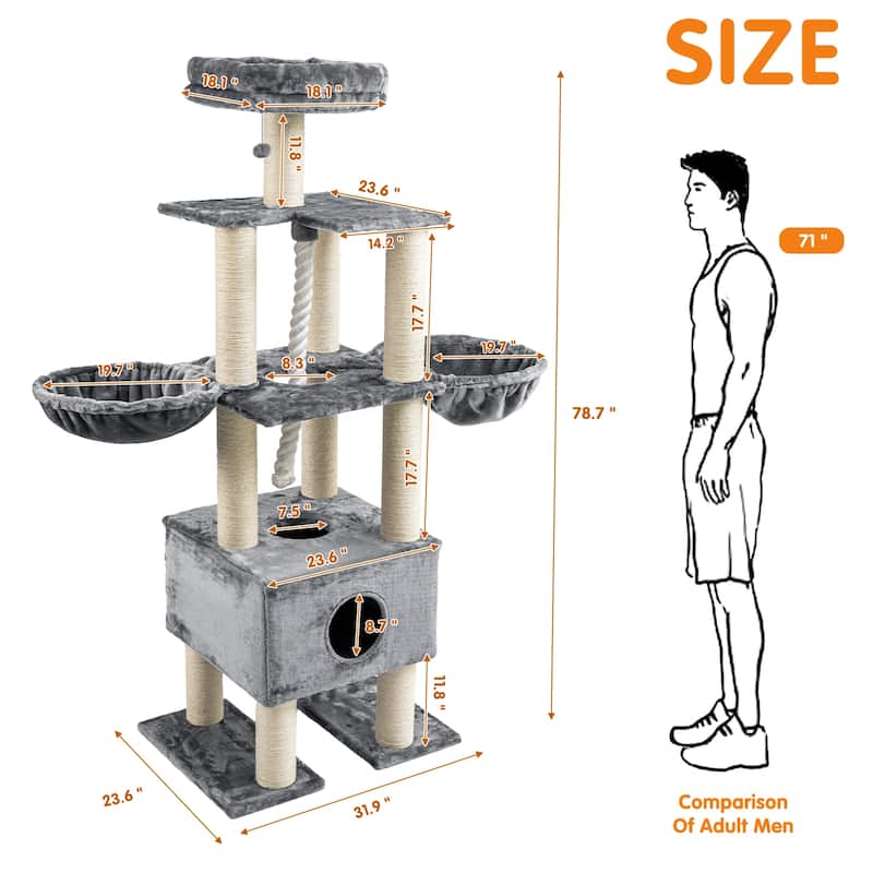 78.7" Large Cat Tree Tower Condo Scratching Post Kitten Play Pet House - 23.6x31.9x78.7in