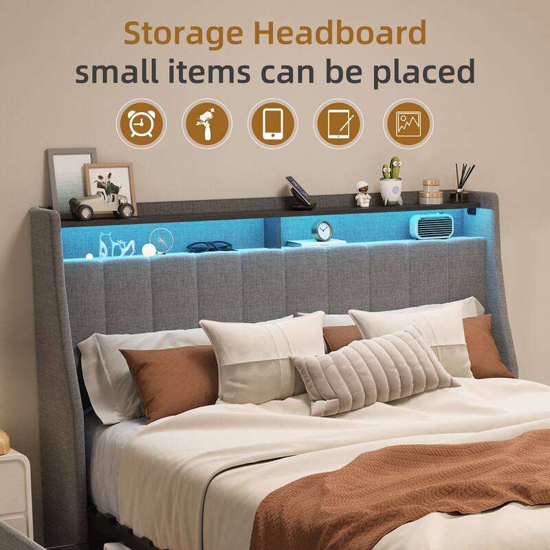 Queen/Full/Twin Size Wings Headboard Design Bed Frame with LED, 4 Under-bed Portable Storage Drawers