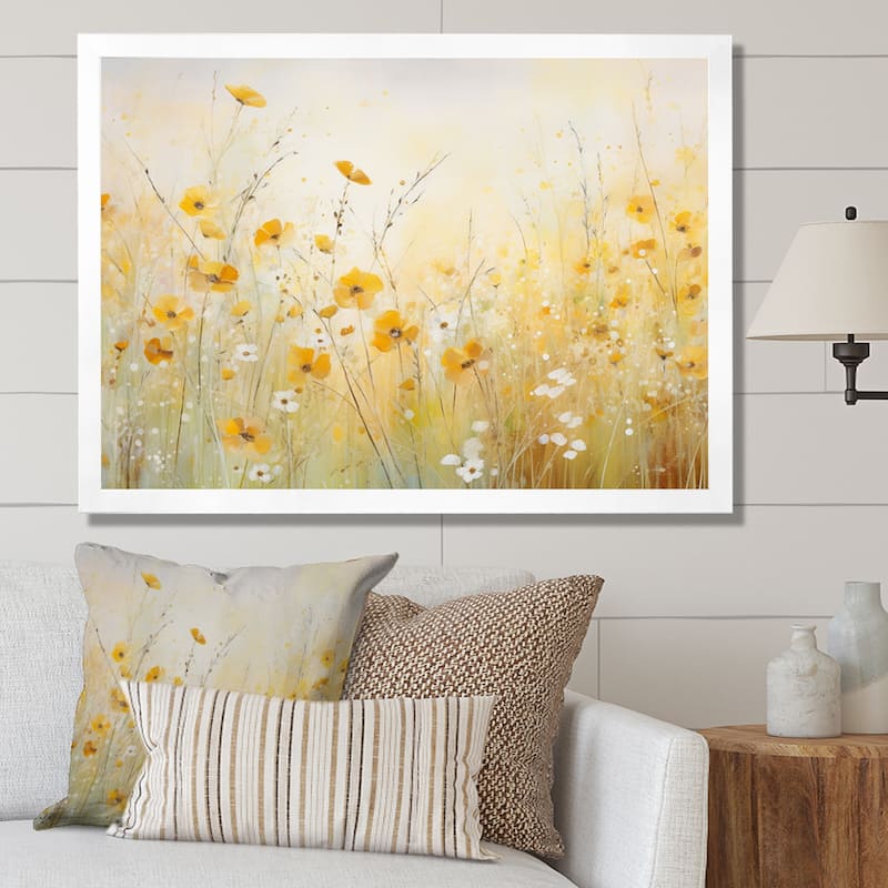 Designart "Blooming Yellow Poppy Flowers In The Meadows" Poppies Framed Canvas Art Print - 32 in. wide x 24 in. high - White