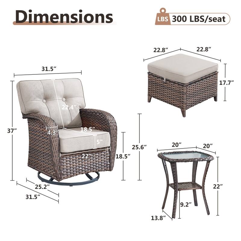 TWrap Brown Wicker Patio 5-Piece Swivel Gliders Conversation Set with 5-Inch Thick Cushions