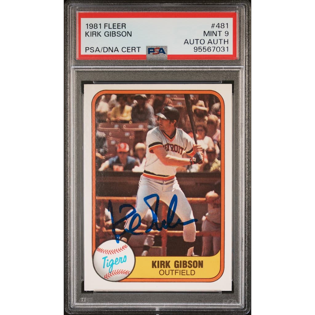 Kirk Gibson 1981 Fleer Signed Baseball Rookie Card #481 Graded PSA 9 Auto Authentic Cert # 95567031 - 8' x 11'