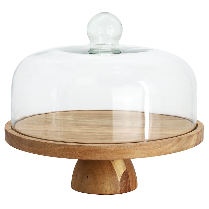 MegaChef Acacia Wood Multi-Function Cake Stand with Glass Dome Lid
