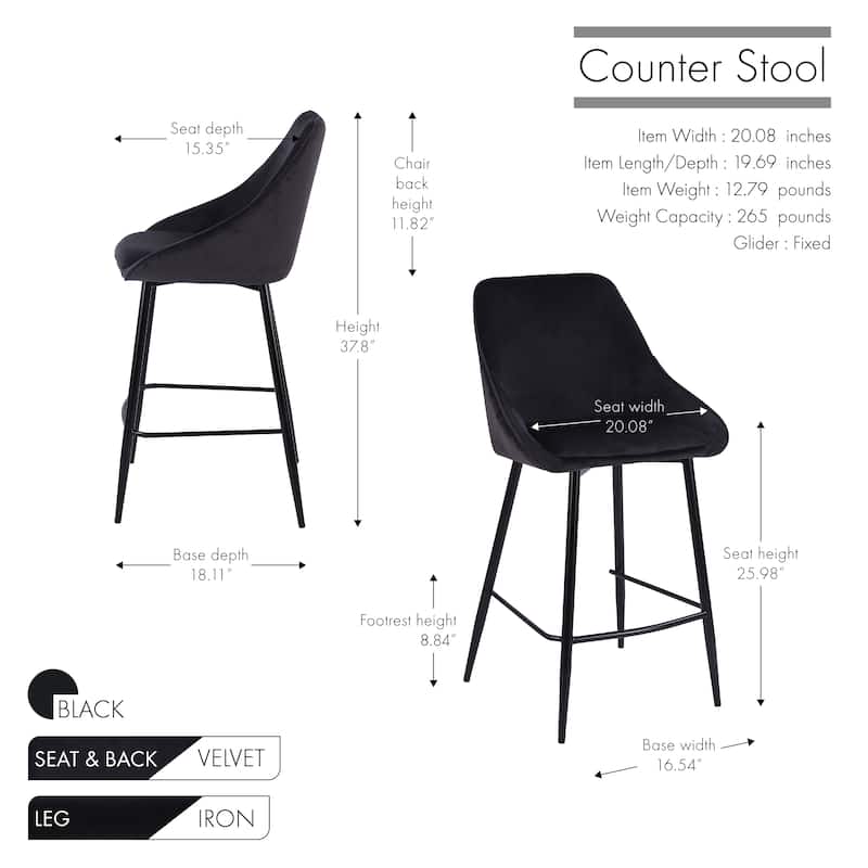 Porthos Home Uva Counter Stools Set of 2, Velvet Upholstery, Iron Legs