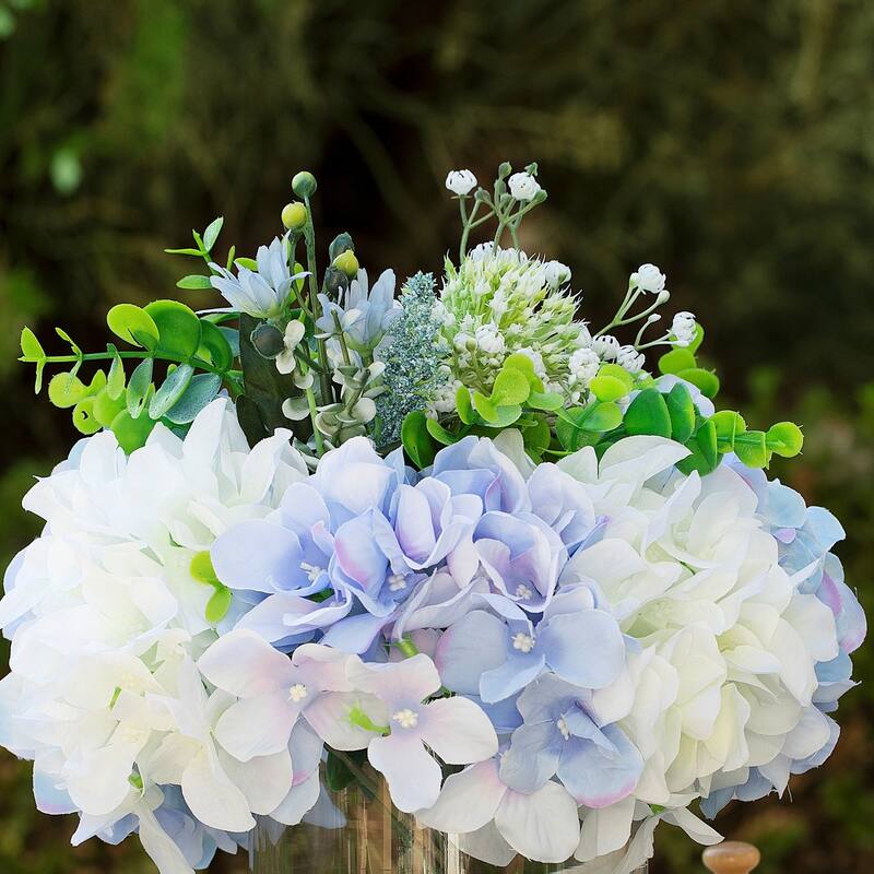 Enova Floral Mixed Artificial Hydrangea Flower Arrangement in Glass Vase For Home Office Wedding Decoration - Cream Blue