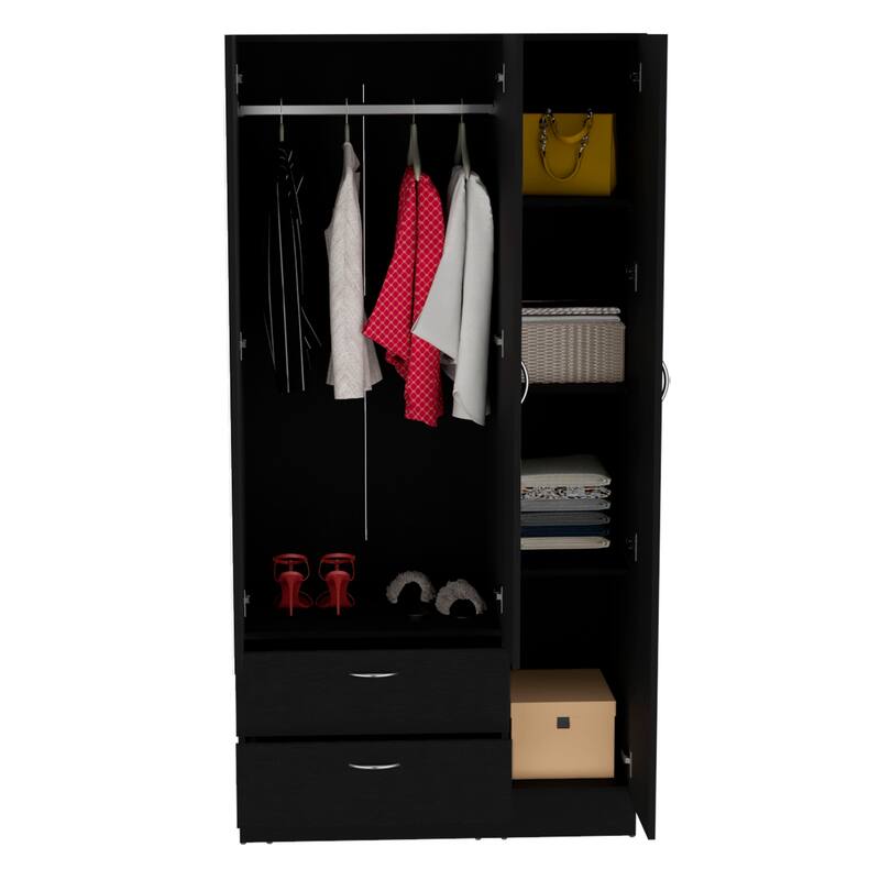 19.7" Modern Mirrored Armoire with Two Drawers, Four Shelves and Hanging Rod