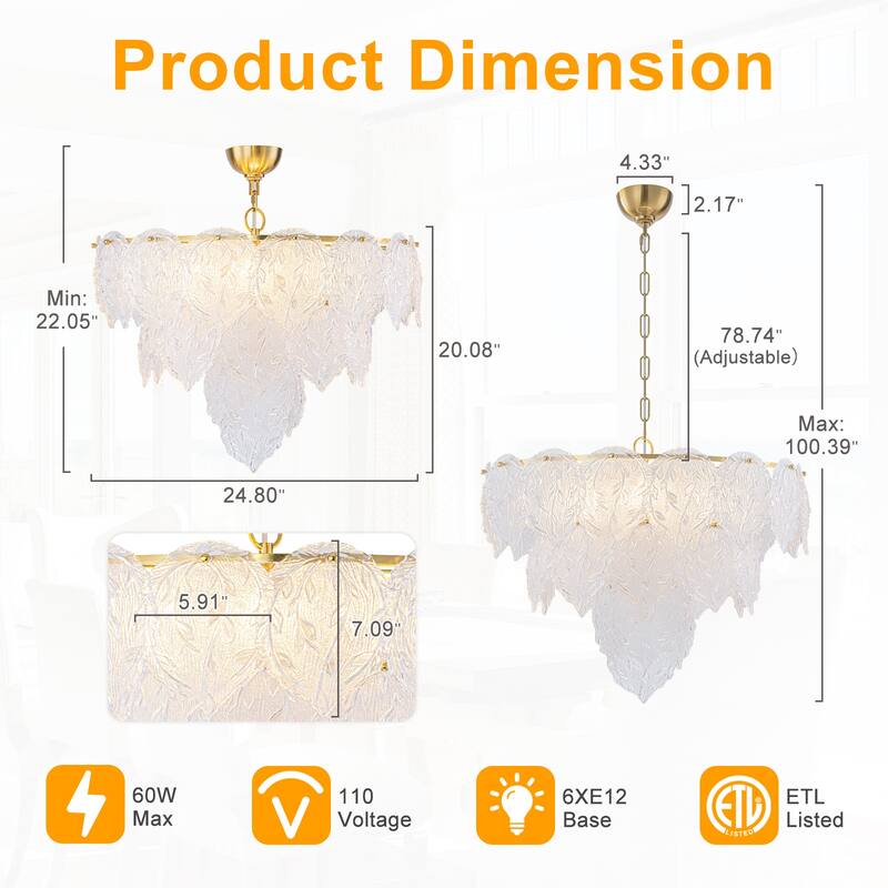 Luxury Gold Chandelier with Double-Tier Clear Glass Leaves