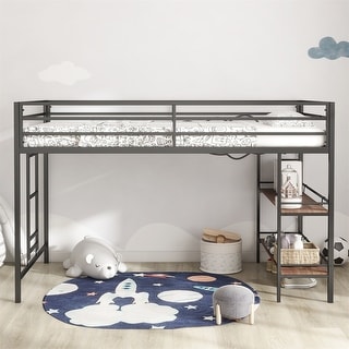 Twin Loft Bunk Bed with Cinnamon Wood Shelf