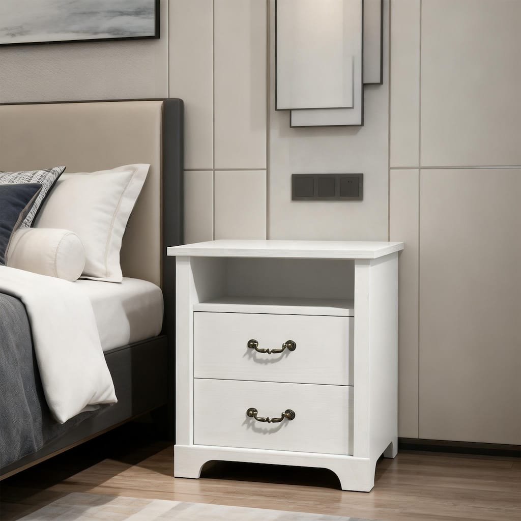 Modern White Nightstands with Open Shelf and 2 Drawers
