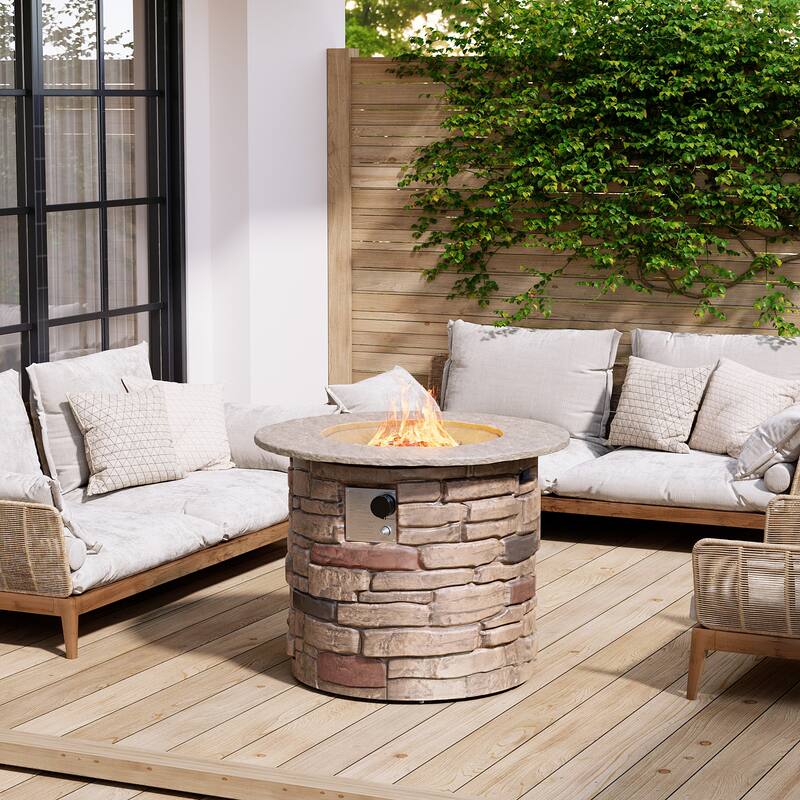 COSIEST Round Faux Stone Propane Fire Pit Table - Brown