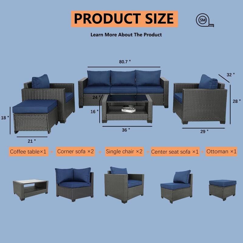 7-Piece Wicker Outdoor Sectional Set with Cushions and Table