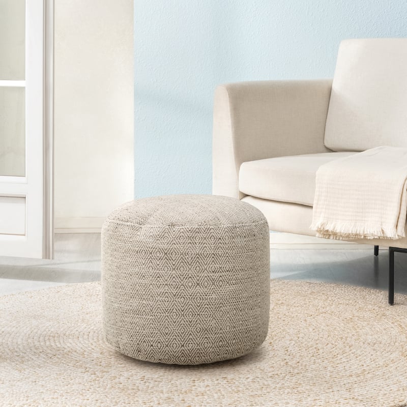 Jani 22-inch Terracotta Pouf - Handcrafted Handmade Round Ottoman for Seating, Footrest, Home Decor for Living Room, Bedroom - Ivory/Teak