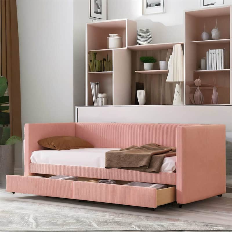 Corduroy Daybed Twin Size with Two Drawers and Wood Slat - Pink