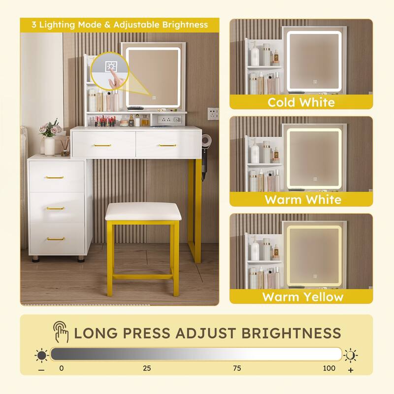 3 Color and Power Outlet Makeup Vanity Table