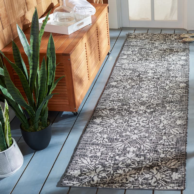 SAFAVIEH Courtyard Rilka Indoor/ Outdoor Waterproof Patio Backyard Rug - 2'3" x 8' Runner - Black/Light Grey