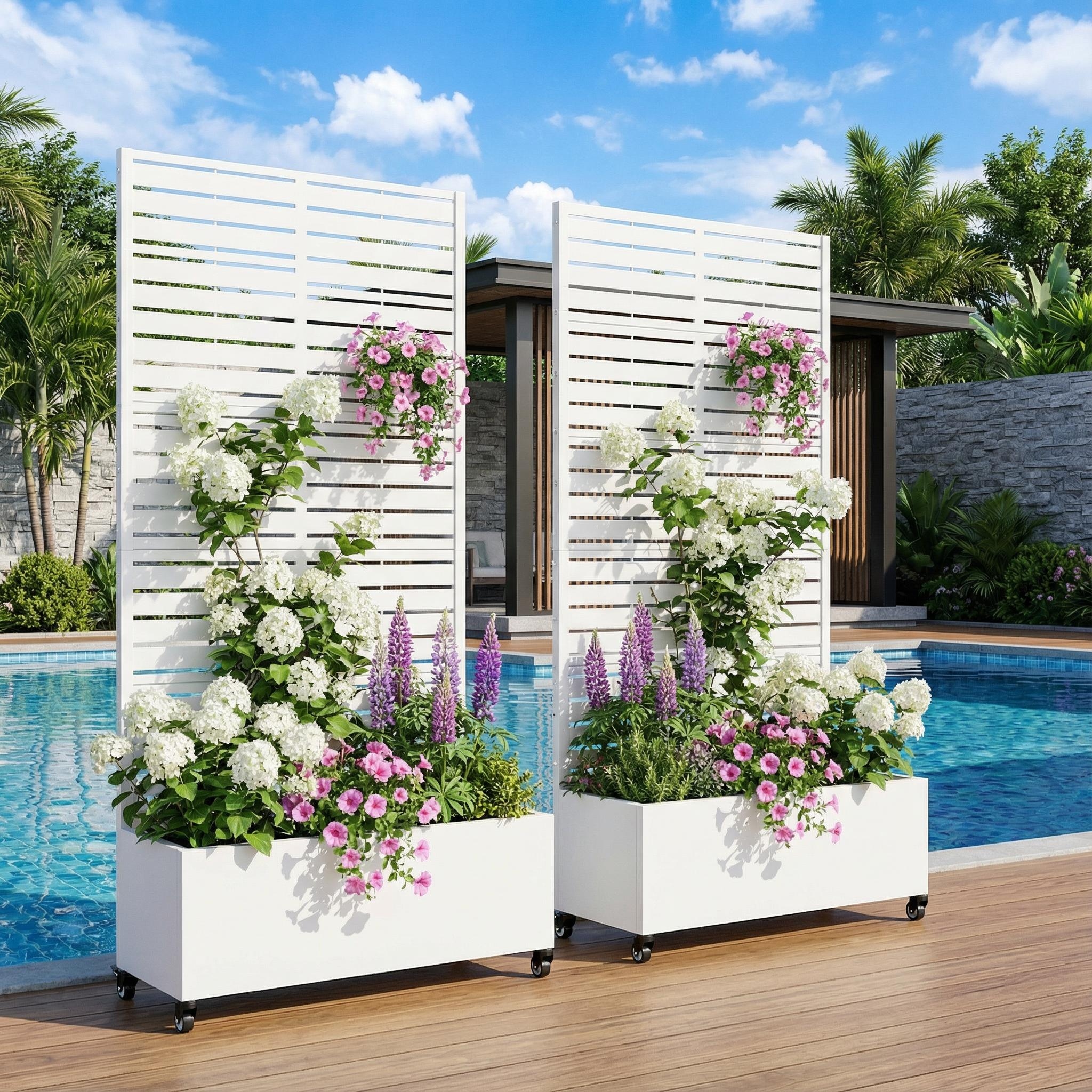 Metal Planter Box with Trellis Privacy Screen Planter Box with Lockable Wheels Set of 2 - White - 72"x35"