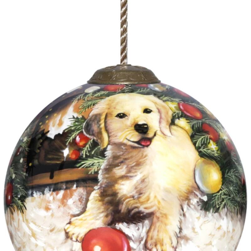 HomeRoots Puppy under the Christmas Tree Hand Painted Mouth Blown Glass Ornament - 3" x 3" x 3"
