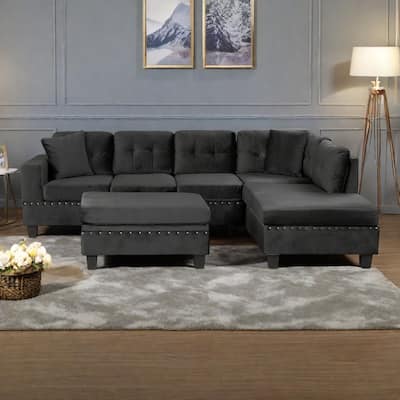 105.1" Velvet L-Shaped Sectional Sofa with Reversible Chaise, Storage Ottoman and Cup Holders